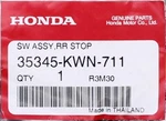 Genuine Honda Stop Switch Assembly Part Number 35345-KWN-711. Fixed Price $26.99.