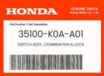 Honda Genuine Switch Assy., Combination & Lock 35100-K0A-A01. Fixed Price $110.77.